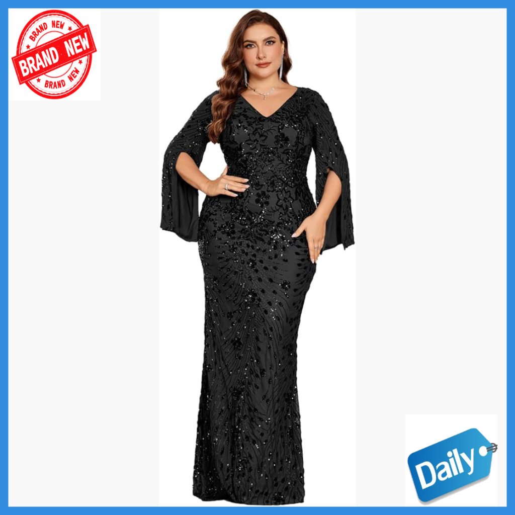 Plus Size Formal Maxi Dress With Embroidery Sequin Cape Sleeve V-Neck